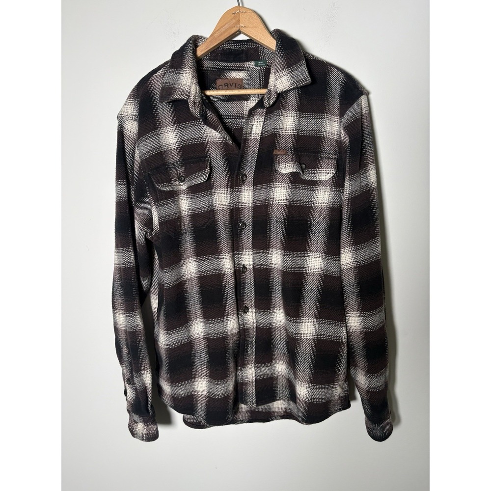 VTG Orvis Men's M Plaid Flannel Shirt Heavyweight Brown Black White Button Up